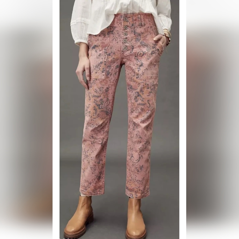 Anthropologie Pink Floral Print High-Rise Button Front Pants